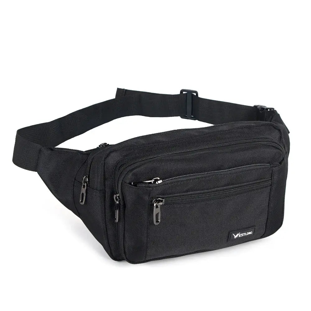 Waist pack black nylon fanny bag with multiple zip pockets and adjustable strap, Vestlong logo