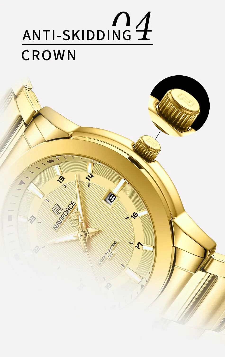 NAVIFORCE men's gold-tone stainless steel watch with date window and 30m water resistance, casual luxury style