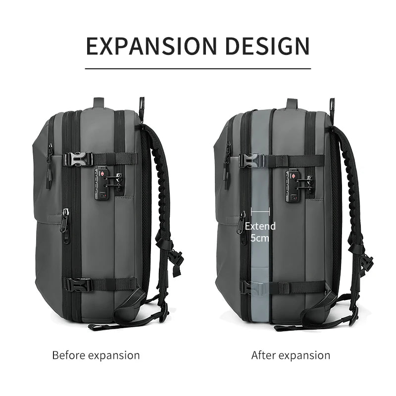 Two Men Travel Backpacks by Simples Market, expansion design in gray with 17-inch laptop compartment