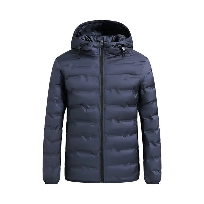 Men's navy down puffer jacket with hood and full-zip front