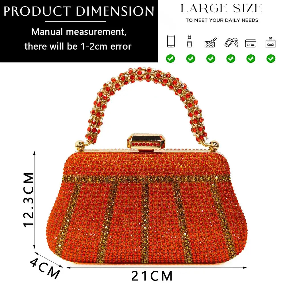 Simples Market rhinestone evening bag, red-orange clutch with jeweled handle and gold-tone clasp, 21x12.3x4 cm