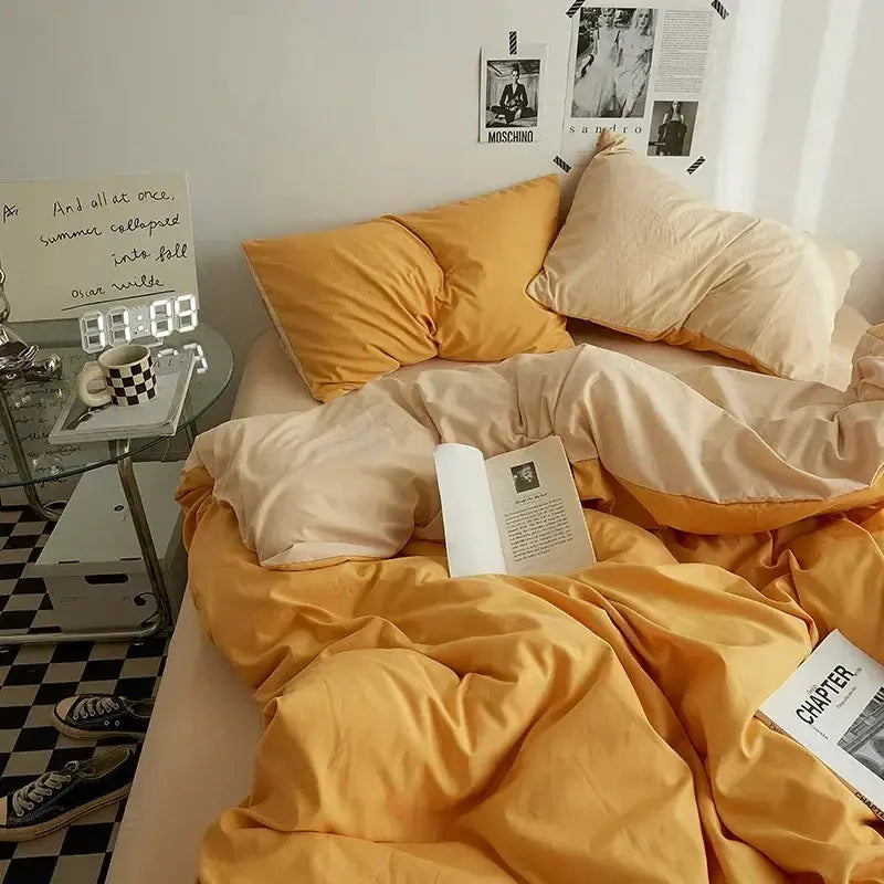 Duvet set, solid color double-washed cotton, 4-piece dorm bedding in peach and beige.