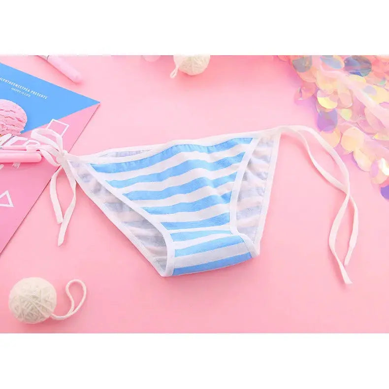 Adorable blue and white striped cotton panties with white trim and side ties