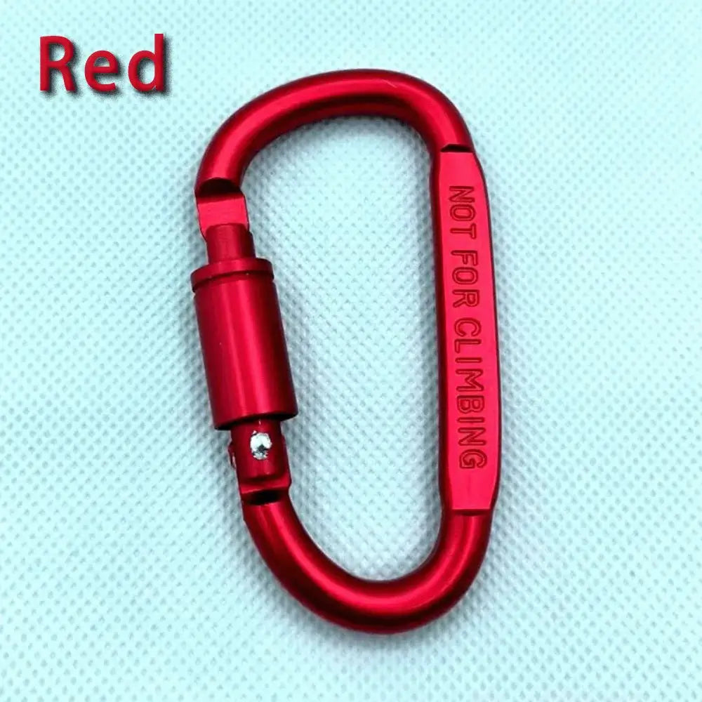Red aluminum alloy D-shaped carabiner keychain with locking mechanism, not for climbing