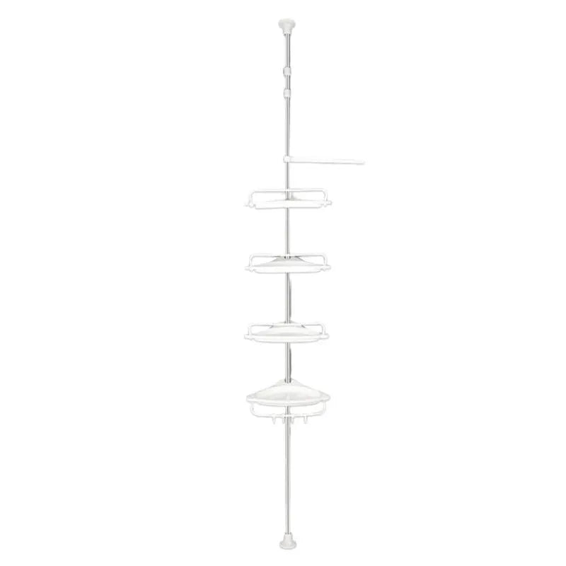 Stainless steel corner shower rack, 4-layer telescopic organizer with white shelves, punch-free by Simples Market.