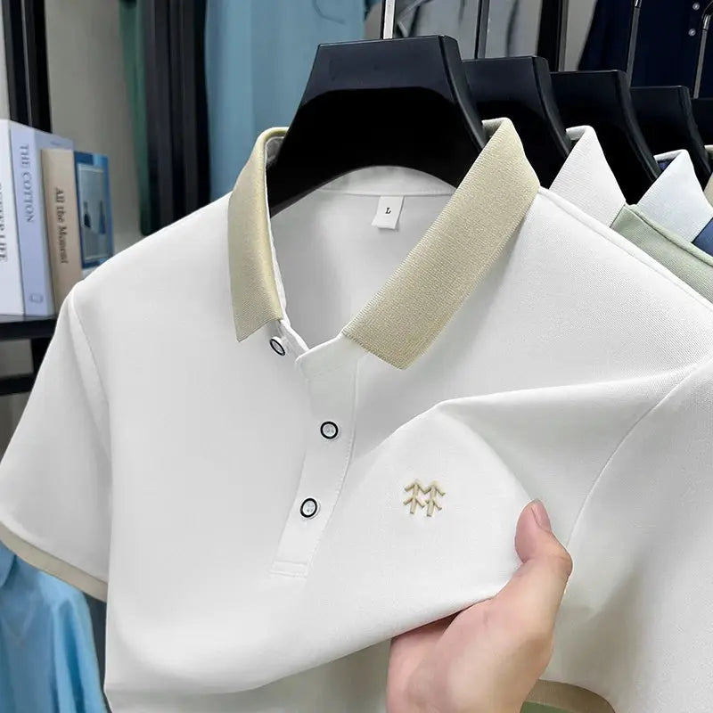 Polo shirt white silk-cotton with beige collar and cuffs, Simples Market, small embroidered chest logo.