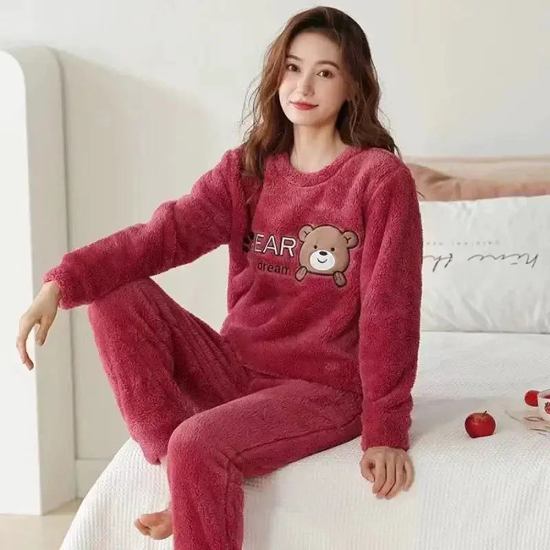CozyNest Thickened Flannel Women Sleepwear Set Padded Bear Two Piece Nightwear For Autumn Winter Warm Coral Velvet