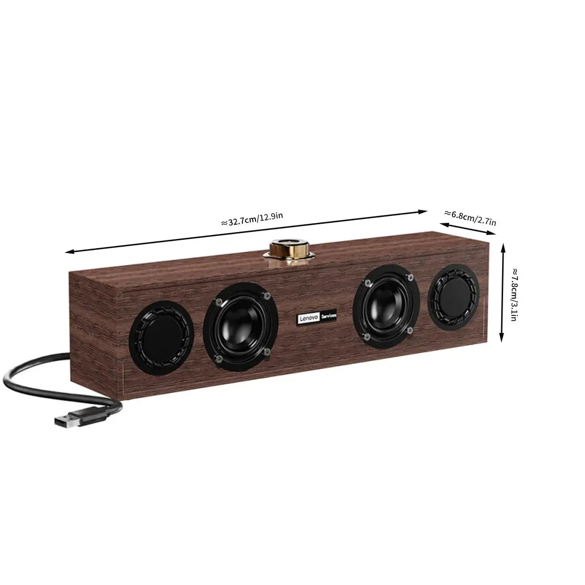 Lenovo C02 wooden speaker bar with four drivers and gold top control knob; USB wired desktop speaker