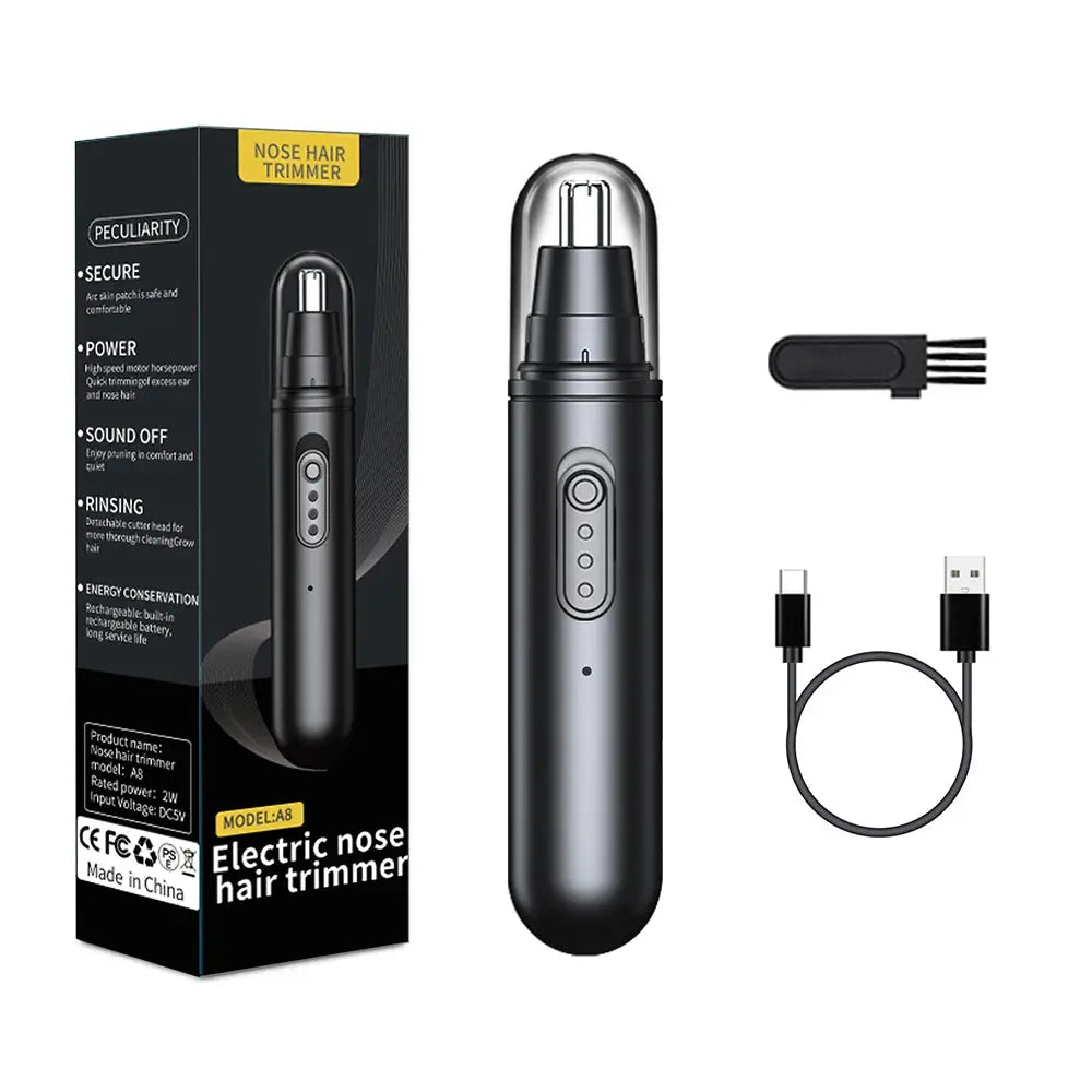 Simples Market 4-piece nose hair trimmer kit, black rechargeable electric clipper with cap, USB-C charger and brush