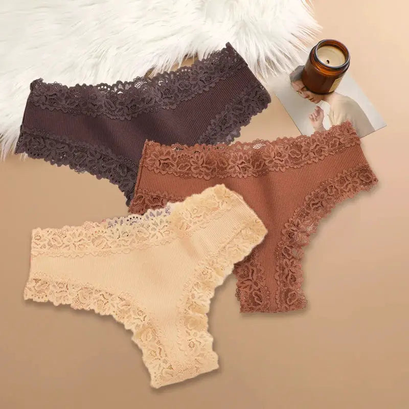 3-piece set of women's cotton lace panties in dark brown, copper-brown, and cream with floral lace trim