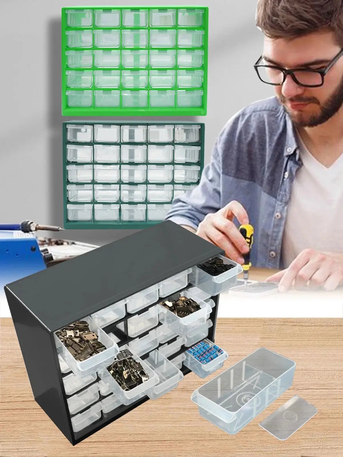 25-grid drawer parts box by Simples Market; two wall-mounted organizers in green and teal with clear drawers