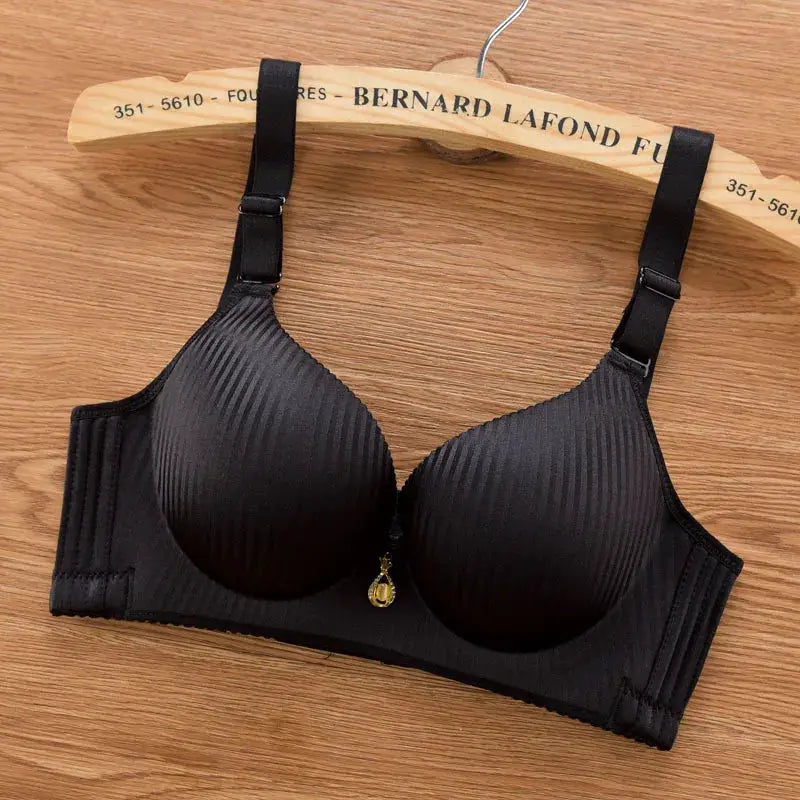 Push-up black wire-free padded bra with adjustable straps and seamless design