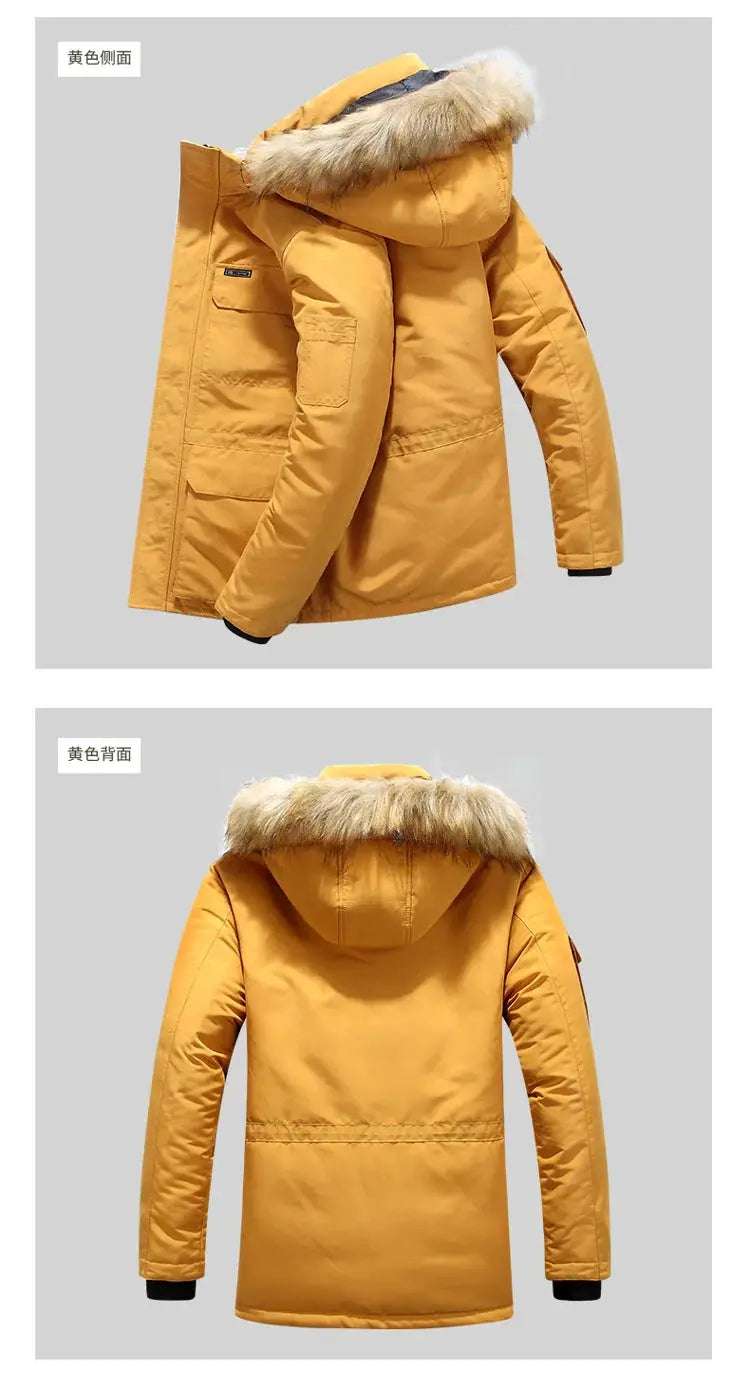Men's yellow mid-length down parka with fur-trimmed hood