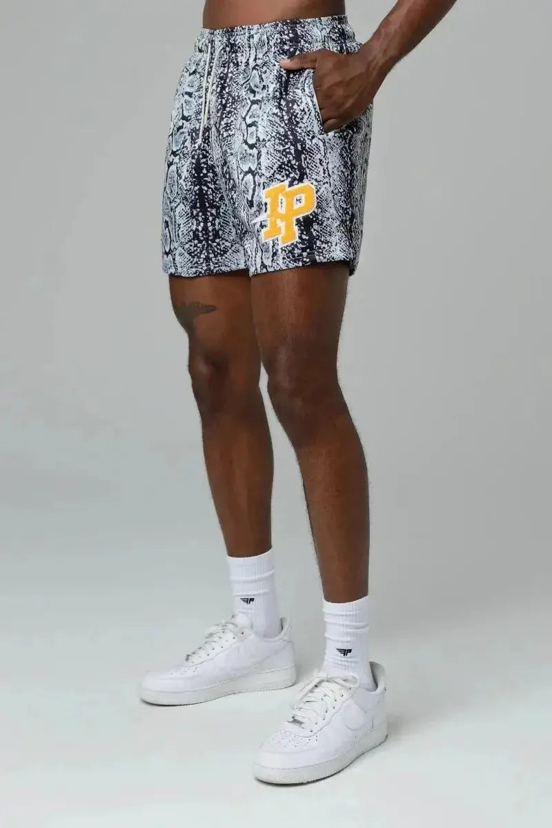 Men's IP Trend snake-print shorts with yellow IP logo, breathable quick-dry mesh fabric
