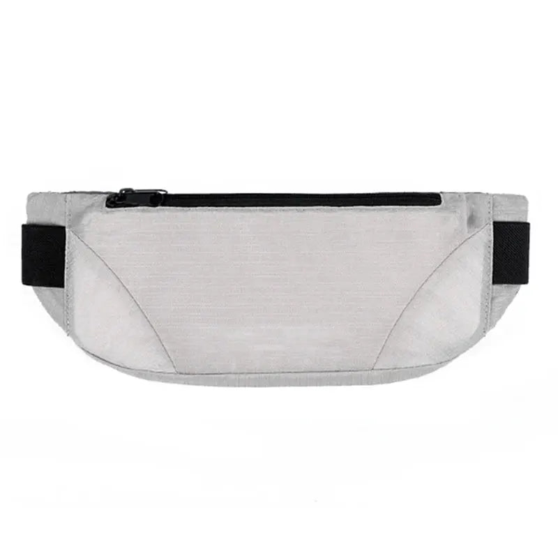 Gray lightweight fanny pack waist bag with black zipper and adjustable side straps.