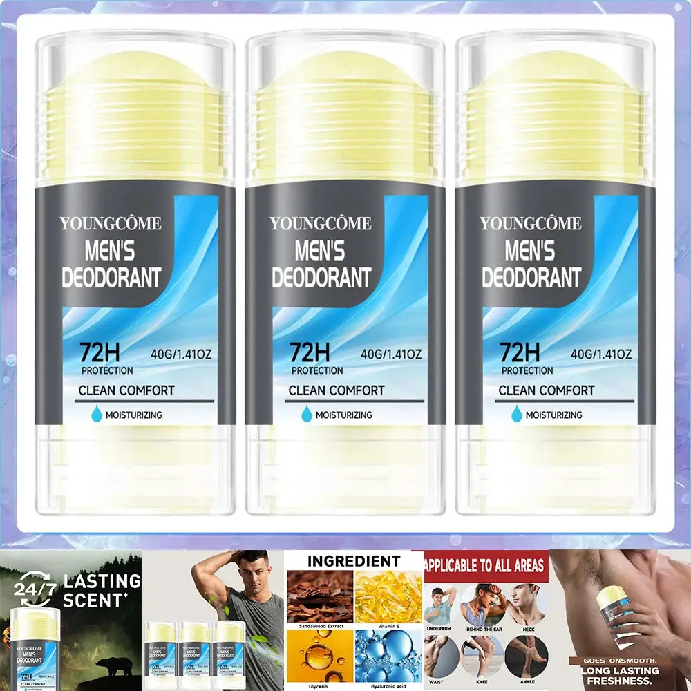 Men's deodorant sticks, 3-pack with clear caps, by Simples Market, 72H protection, moisturizing, 40 g each.