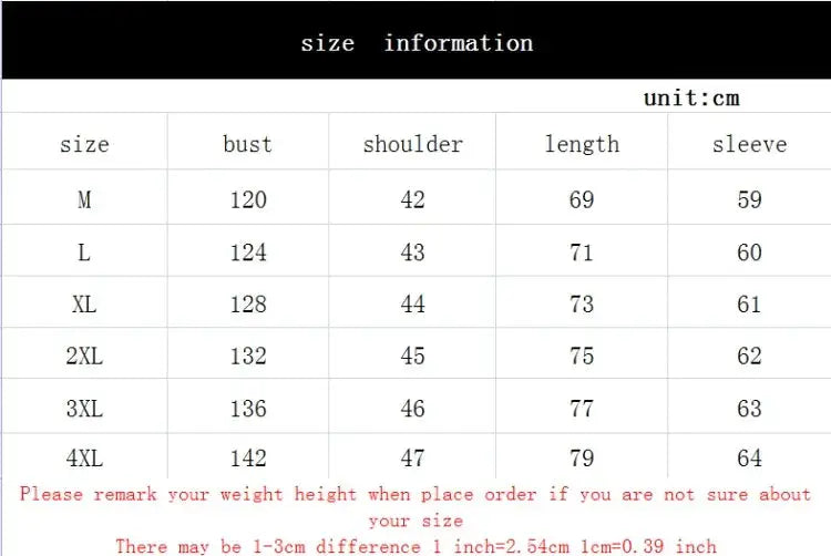 Winter Hooded Men's 90% White Duck Down Coat size chart by Simples Market with bust, shoulder, length, sleeve