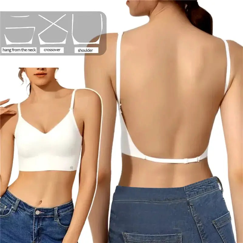Invisible bra by Simples Market, white backless deep-U plunge with convertible straps (front and back views)