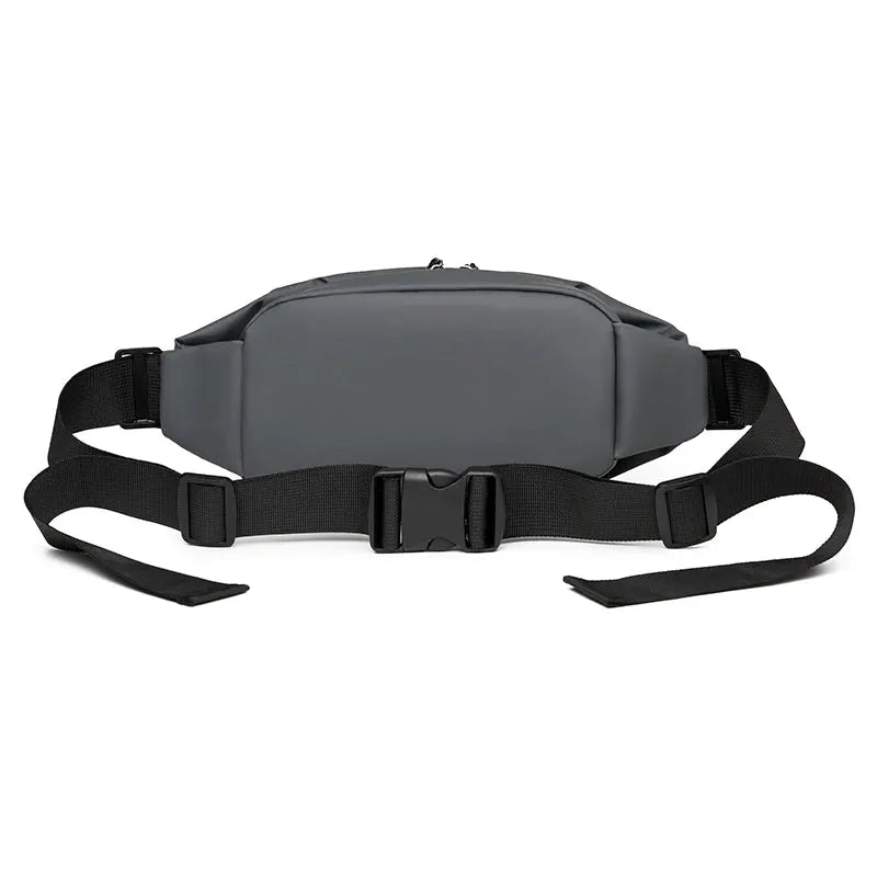 Simples Market men's minimalist grey outdoor waist bag; waterproof fanny pack with adjustable black strap.