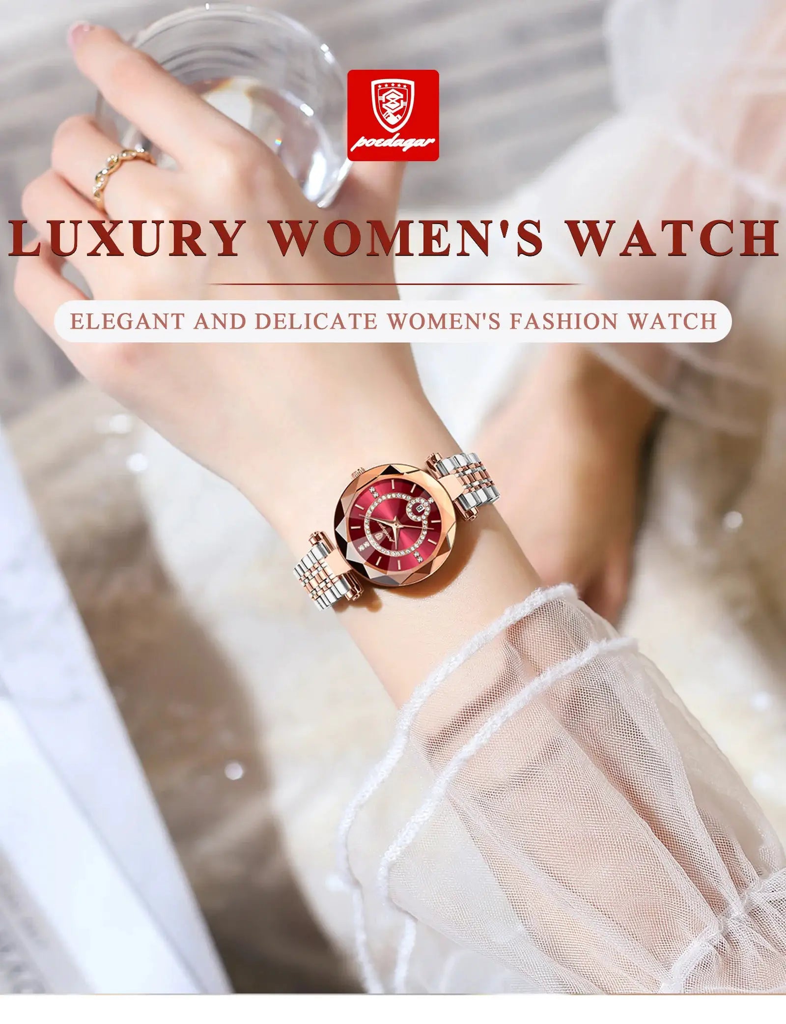 POEDAGAR women's wristwatch with red dial, rose-gold bezel, and two-tone stainless steel band
