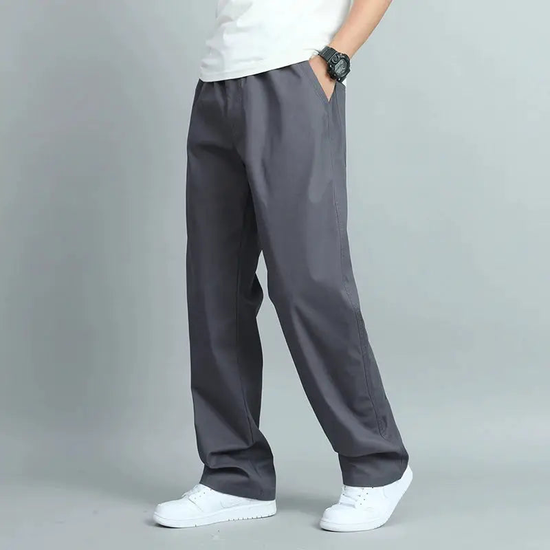 Simples Market big-size men's casual cotton trousers, loose-fit straight pants gray with multiple pockets
