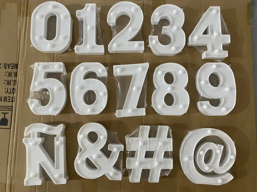 Number Letter LED lamp set with 14 white acrylic characters (digits 0–9, N, &, #, @) for home, wedding and party decor