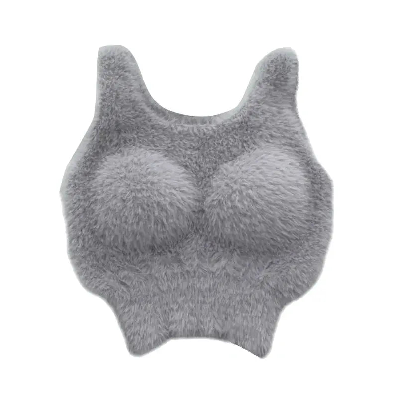 Grey plush fleece camisole with built-in bra cups, thick warm thermal top for girls