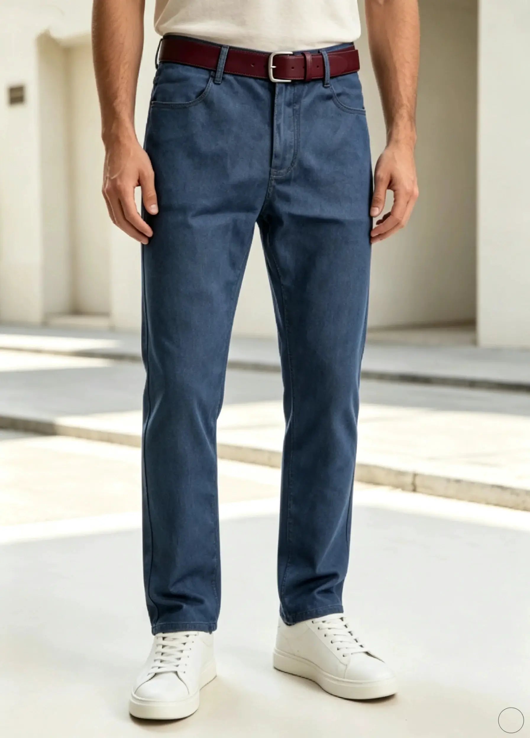 Men's blue denim jeans with a straight-leg fit, burgundy belt, white sneakers.