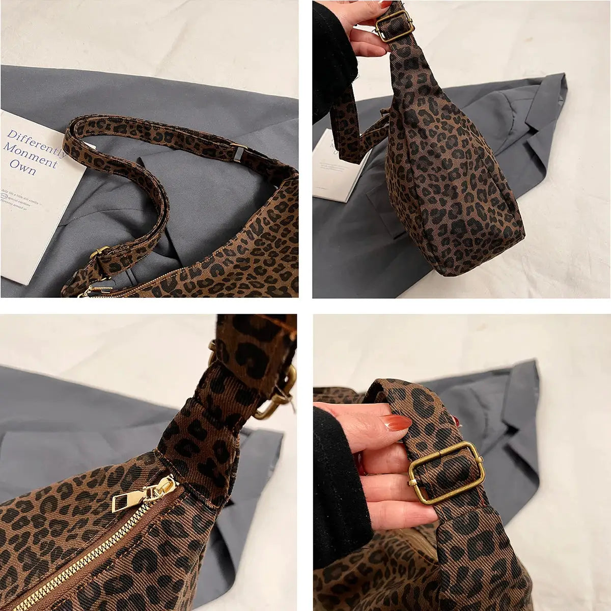 Simples Market leopard print crossbody bag with adjustable strap, gold zipper, large capacity