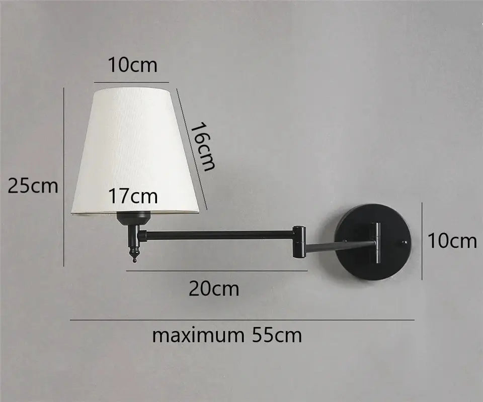 Nordic adjustable folding LED wall lamp with black metal arm and beige fabric lampshade