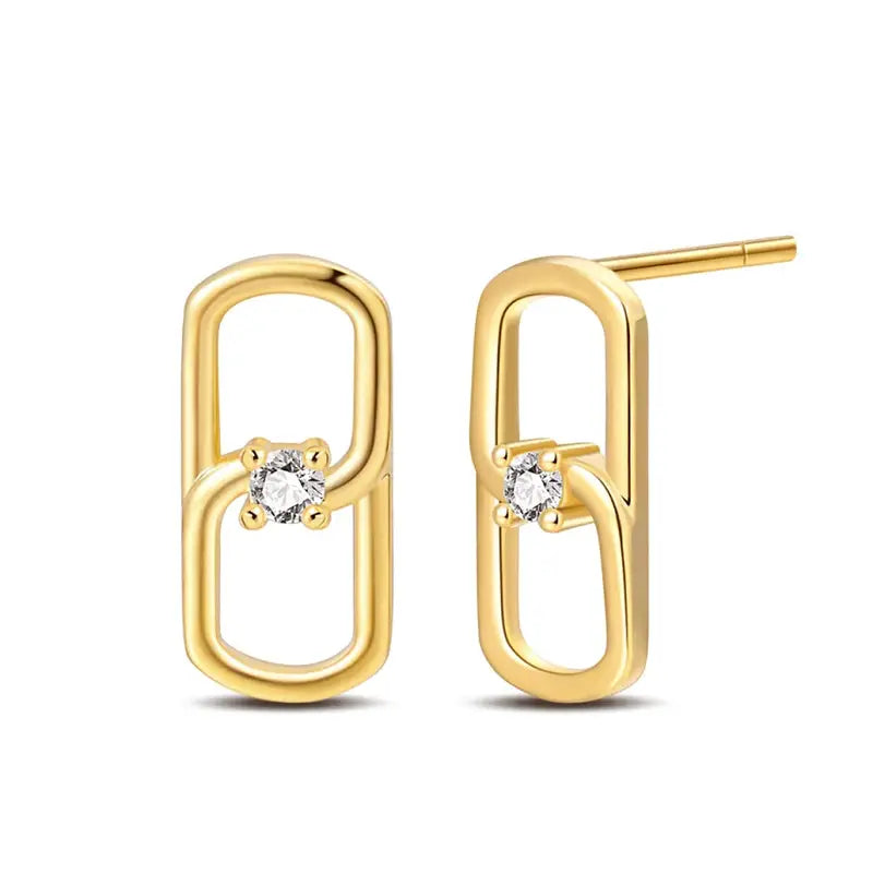 Pair of gold-tone geometric earrings with double rectangular frames and a central clear crystal