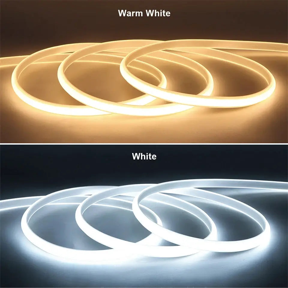 COB LED strip lights; warm white and white, flexible LED tape coiled