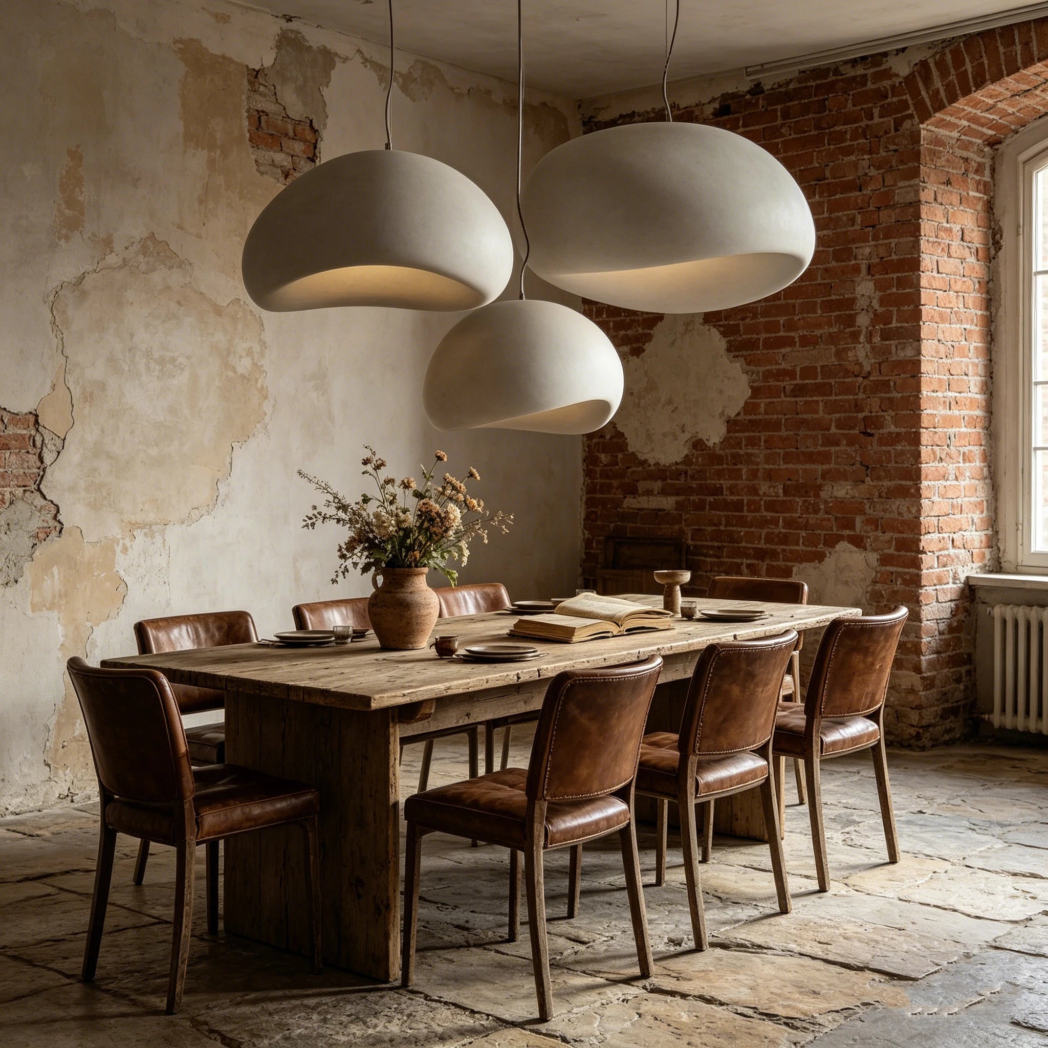 Nordic Wabi Sabi pendant lights by Simples Market; set of 3 matte gray dome LED hanging lamps over a rustic dining table.