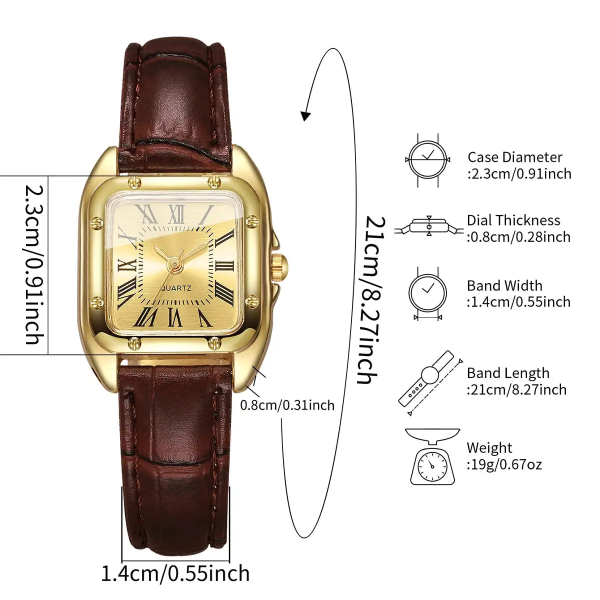 Fashion square women wristwatch with brown leather strap, gold-tone case and Roman numeral Roma dial.