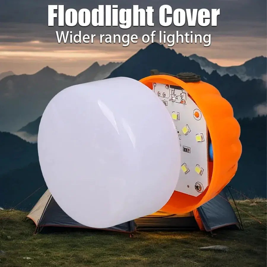 500W LED camping lantern with orange housing and white diffuser, USB rechargeable