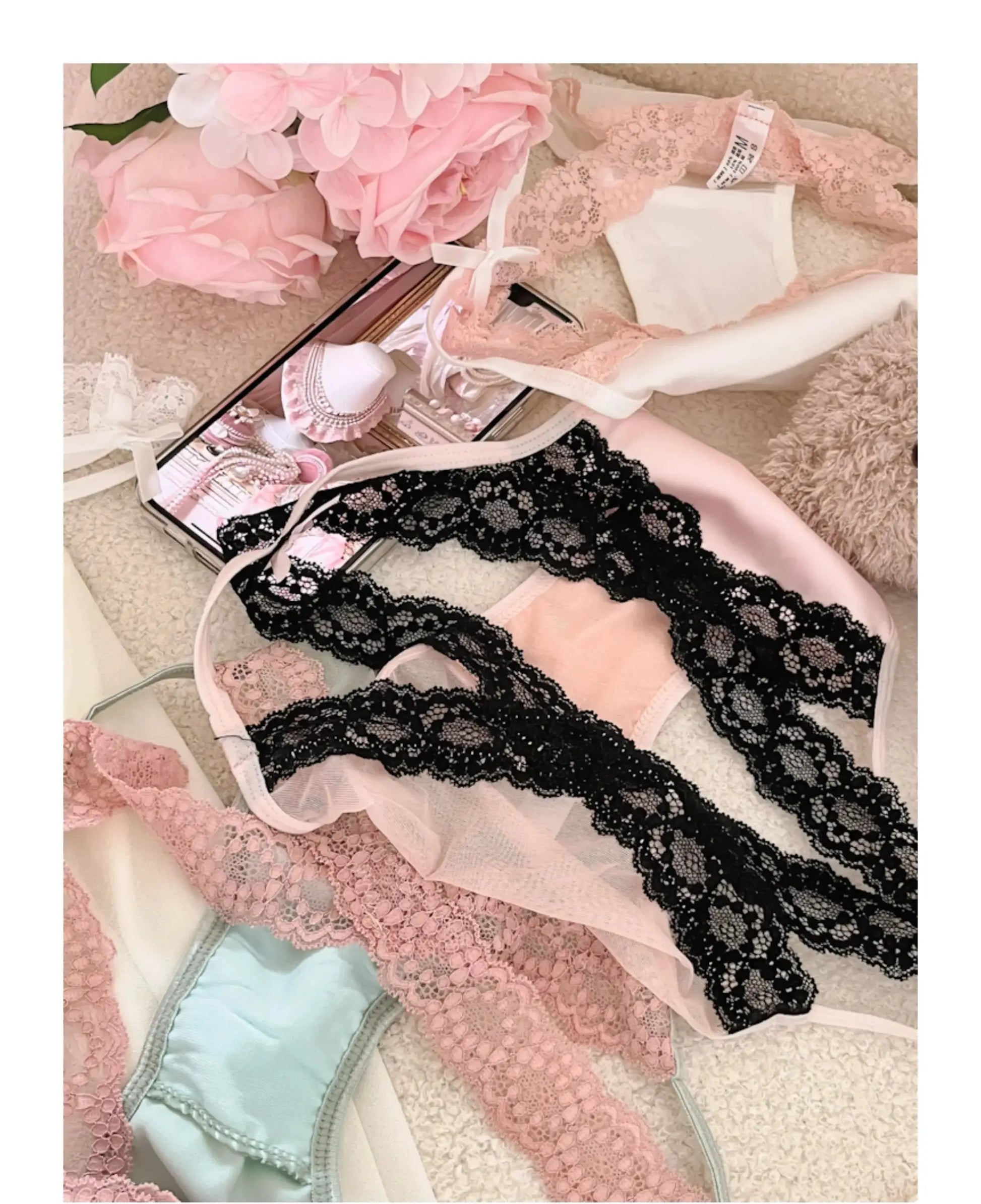 Simples Market lace lingerie set with pink and black lace panties, mesh panels, bow trim, breathable cotton crotch