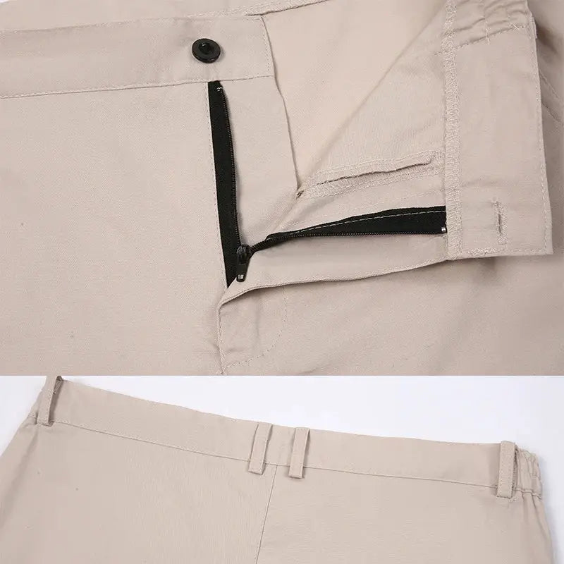 Men's beige 100% cotton shorts with front zip pocket and belt loops