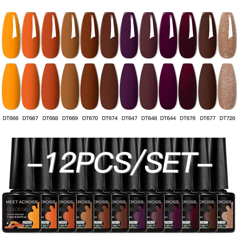 12-piece gel nail polish set by CROSS, featuring orange to purple shades with glitter accents from Simples Market.