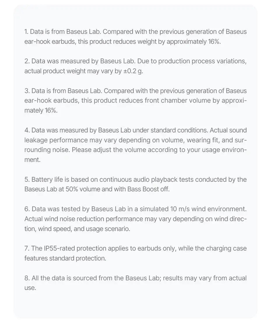 Baseus BF1 Lite open-ear sport wireless earphones data disclaimer panel from Baseus Lab