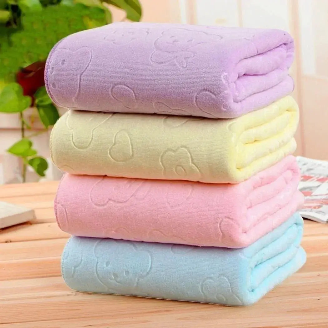 Pet towels set of 4 in pastel purple, cream, pink, and blue; quick-drying, absorbent soft fiber towels.