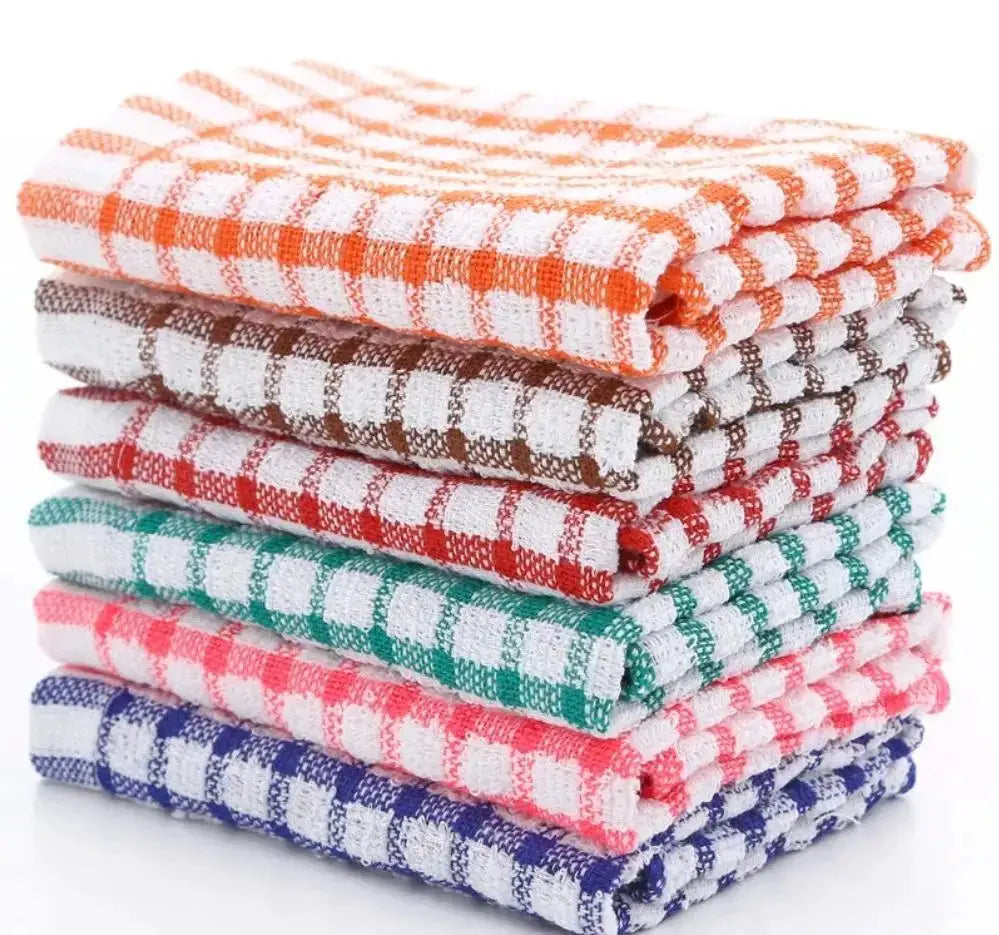 6-pack cotton kitchen towels, checkered pattern, assorted colors