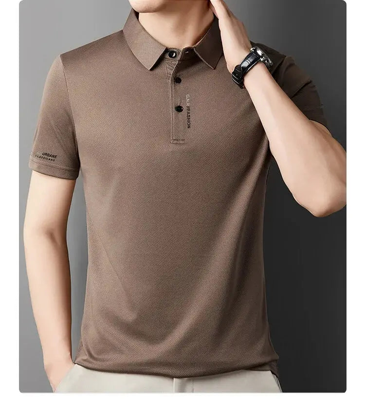 Men's brown ice-silk short-sleeve polo shirt with collar and button placket
