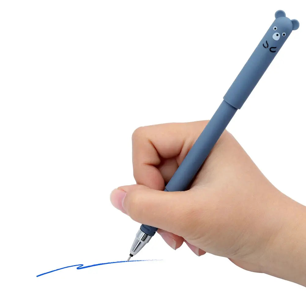 Panda-themed erasable gel pen 0.5mm blue ink held in hand, drawing a blue line.