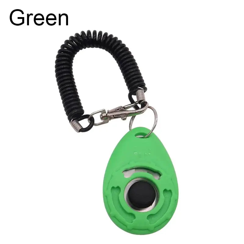 Simples Market adjustable dog training clicker, green plastic with black coiled wrist strap and keychain