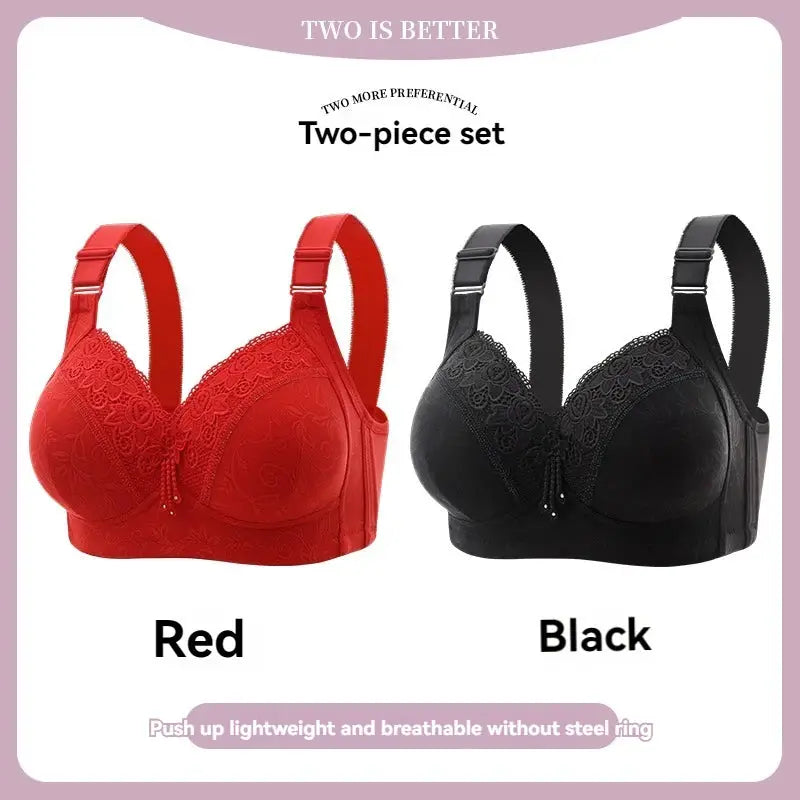 Two-piece lace bra set in red and black by Simples Market