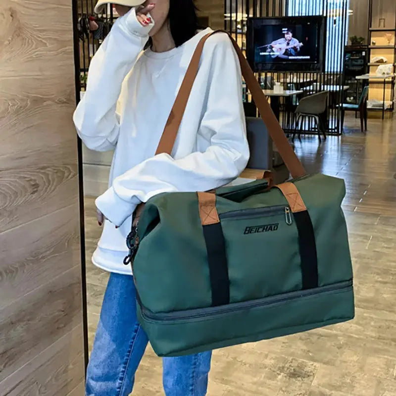 Expandable green duffle bag with tan handles and black straps, BEICHAO, large-capacity travel bag