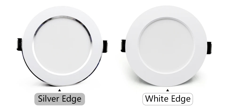 Two round LED downlights with silver and white edge finishes from Simples Market, 220V recessed ceiling lights.