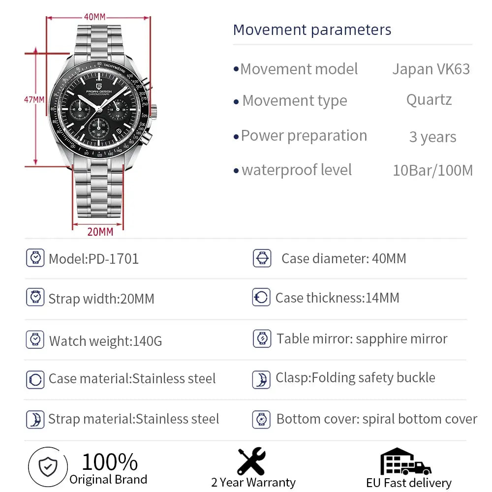 PAGANI DESIGN PD-1701 stainless steel men's chronograph watch with black dial