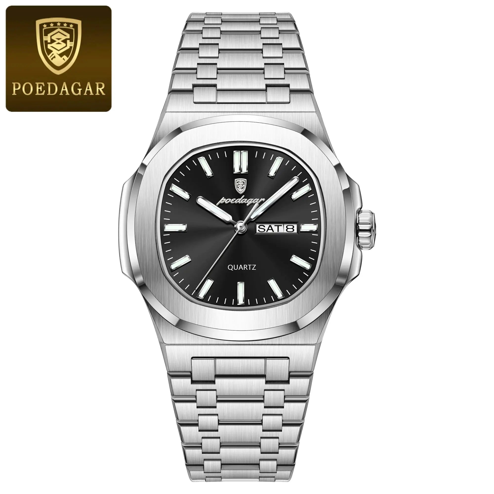 POEDAGAR stainless steel men's watch with black dial, luminous markers, day-date display