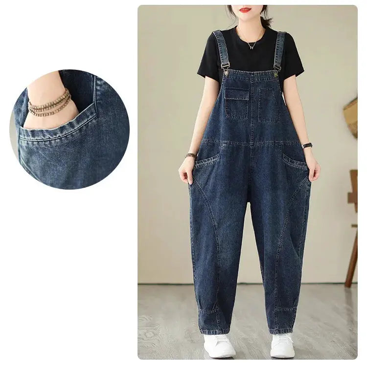 Women's blue denim overalls with multi-pocket cargo design and suspender straps, loose fit
